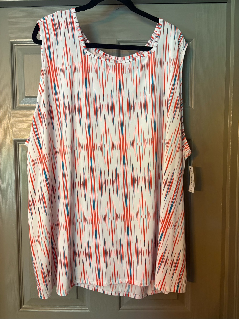 East 5th White Tank Top with Red and Blue Ikat Print